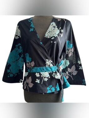 STYLE UK x FRENCH CONNECTION 3/4 Sleeve Floral Short Kimono In Black/Teal S/M/L